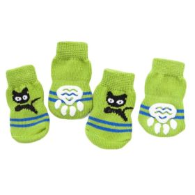 4 Pcs Green Cats Knitted Dogs Socks Dog Paw Protection for Puppy Indoor Wear