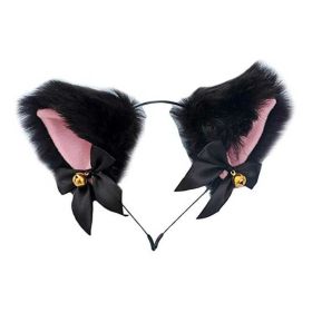 Black Animal Faux Fur Cat Ears Headband with Bell Bowknot Cute Fox Dog Ears