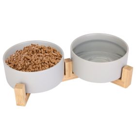 Double 28.7Oz Ceramic Pet Bowls Dog Cat Bowls with Wooden Stand Raised