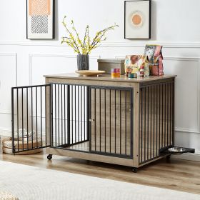 Furniture Style Dog Crate Side Table With Rotatable Feeding Bowl, Wheels