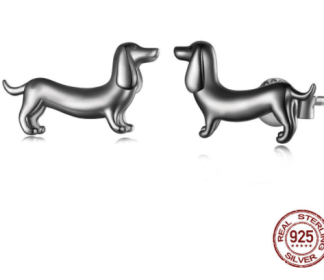 S925 Silver Sausage Dog Ear Stud And Ring Jewelry Set Cute Animal Argent  Ring (Color: Earringsblack, Purity: S925)