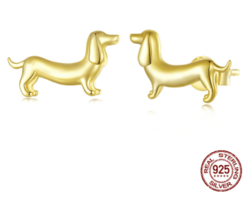 S925 Silver Sausage Dog Ear Stud And Ring Jewelry Set Cute Animal Argent  Ring (Color: GoldEarrings, Purity: S925)