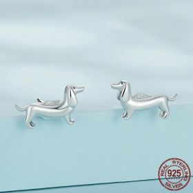 S925 Silver Sausage Dog Ear Stud And Ring Jewelry Set Cute Animal Argent  Ring (Color: Earrings, Purity: S925)