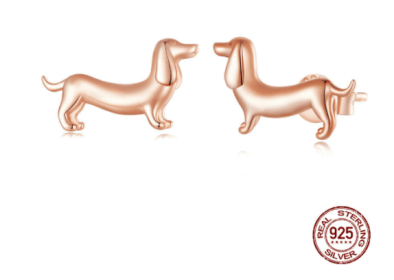 S925 Silver Sausage Dog Ear Stud And Ring Jewelry Set Cute Animal Argent  Ring (Color: EarringsRose gold, Purity: S925)