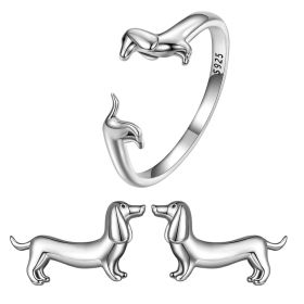 S925 Silver Sausage Dog Ear Stud And Ring Jewelry Set Cute Animal Argent  Ring (Color: set, Purity: S925)