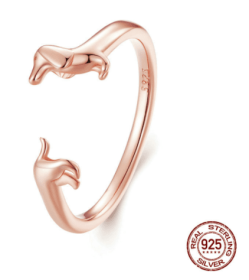 S925 Silver Sausage Dog Ear Stud And Ring Jewelry Set Cute Animal Argent  Ring (Color: RingRose gold, Purity: S925)