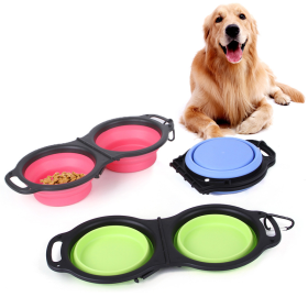 Rubber Folding Double Bowl Portable Pet Feeding Watering Bowl (Color: Blue)