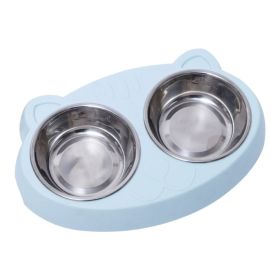 Pet Double Bowls, Stainless Steel  Food Bowl Water Bowl With No Spill Stand (Color: Blue)