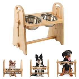 Elevated Dog Bowls for Medium Large Dogs, Adjustable Heights Raised Feeder Bowl (Color: Wood)